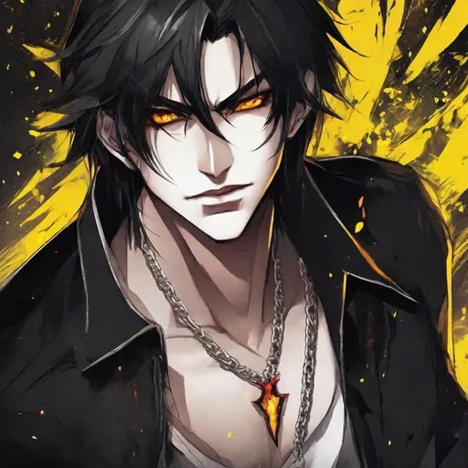 Prompt: male vampire, strong, chainmail, emotionless, black messy medium hair, anime style, long shot,  anime portrait, fantasy art, yellow eyes