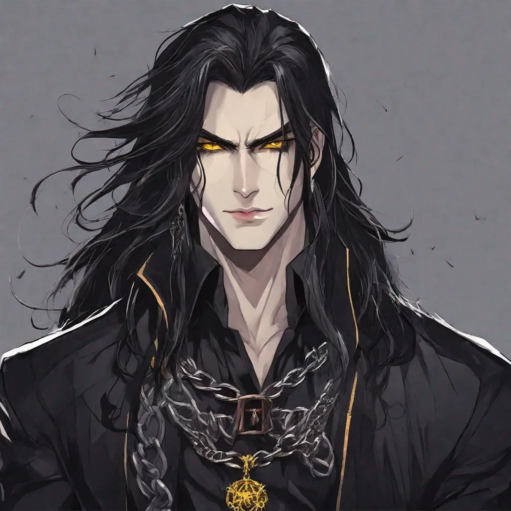 Prompt: male vampire, strong, chainmail, emotionless, black messy long hair, anime style, long shot, DnD portrait, fantasy art, yellow eyes