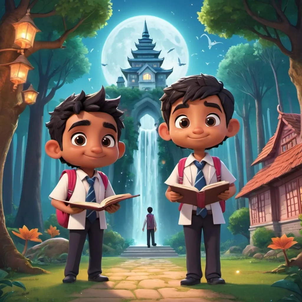 Prompt: Anil and Sushil attending a magical school, with their names on their school uniforms, learning spells and encountering mythical creatures, animated in a whimsical 3D style.”