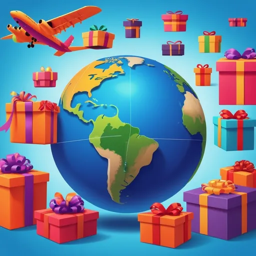 Prompt: Include less gifts and more delivery boxes flying around the globe