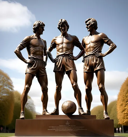 Prompt: (ultra-detailed) statue of three men holding a football (Denis Law, Bobby Charlton, George Best, Dicky Doyle), fantastic realism, heroic pose, intricate details on faces and physique, gleaming bronze texture, dramatic lighting casting strong shadows, set against a soft-focus park background, evoking a sense of triumph and legacy, masterpiece quality, reminiscent of classical sculpture artistry.