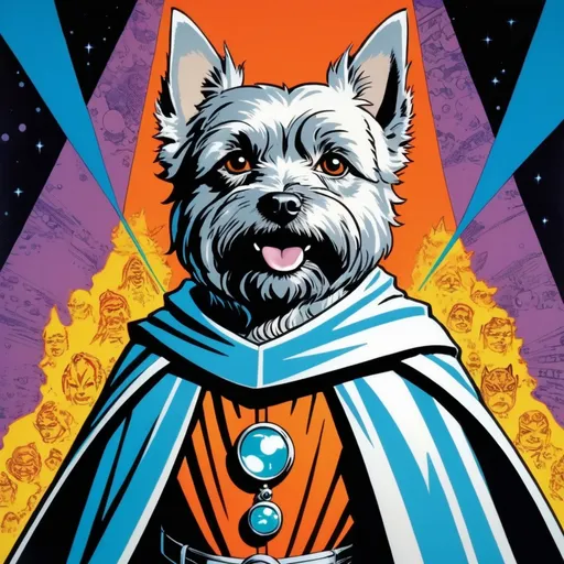 Prompt: Silk screen comic book illustration, retro-futurism, male wizard in robed mantle, head of a silver cairn terrier, 1960s, detailed, vibrant colors, high contrast, retro-futuristic, comic book style, silk screen, wizard, feline, vibrant retro colors, detailed, high quality