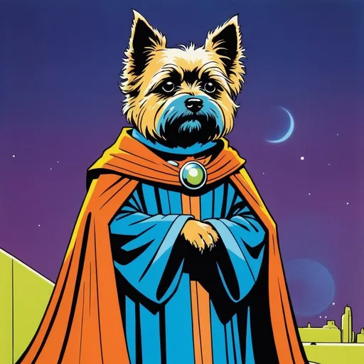 Prompt: Silk screen comic book illustration, retro-futurism, male wizard in robed mantle, head of a cairn terrier, 1960s, detailed, vibrant colors, high contrast, retro-futuristic, comic book style, silk screen, wizard, feline, vibrant retro colors, detailed, high quality