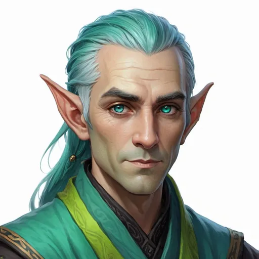 Prompt: portrait
Pathfinder 1e character
middle-aged 
male Elf with teal hair, lime green skin, and black eyes. They wear a traditional blue and black with hints of grey and yellow monk's shawl and outfit.