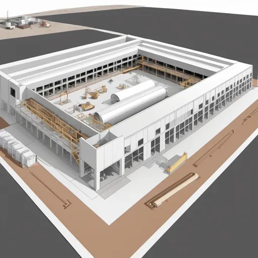 Prompt: a three dimensional perspective schematic drawing of a facility being built with a white background