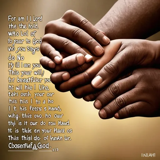 Prompt: Isaiah 41:13 (NIV) says:

"For I am the Lord your God who takes hold of your right hand and says to you, Do not fear; I will help you."

This verse is a beautiful reminder of God's closeness and care. It speaks of His personal involvement in our lives, holding our hand like a loving Father and assuring us that we don't have to be afraid because He is our helper.