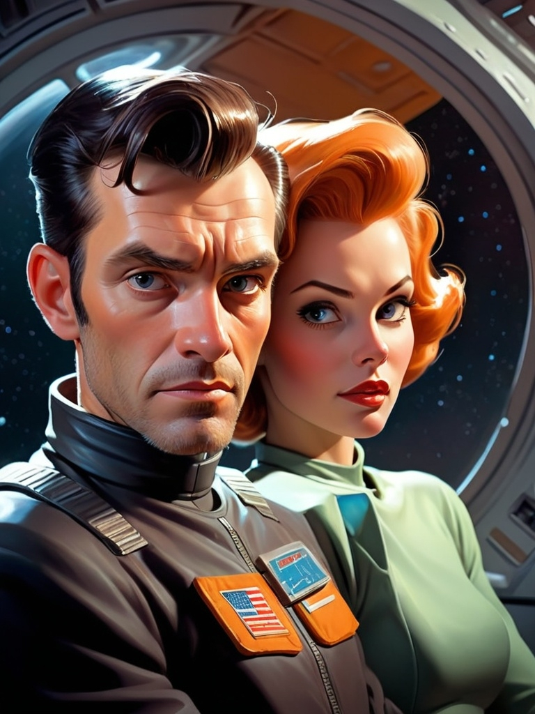 Prompt: man and woman on a spaceship, science-fiction, pulp style