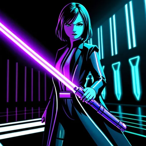 Prompt: A Jedi girl with a purple light saber with the suit of a the Tron Legacy movie main girl character
