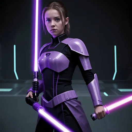 Prompt: A Jedi girl with a purple light saber in the suits of a Tron Legacy movie character