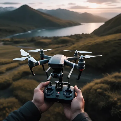 Prompt: A cinematic view of a creator using a drone to capture scenic footage.