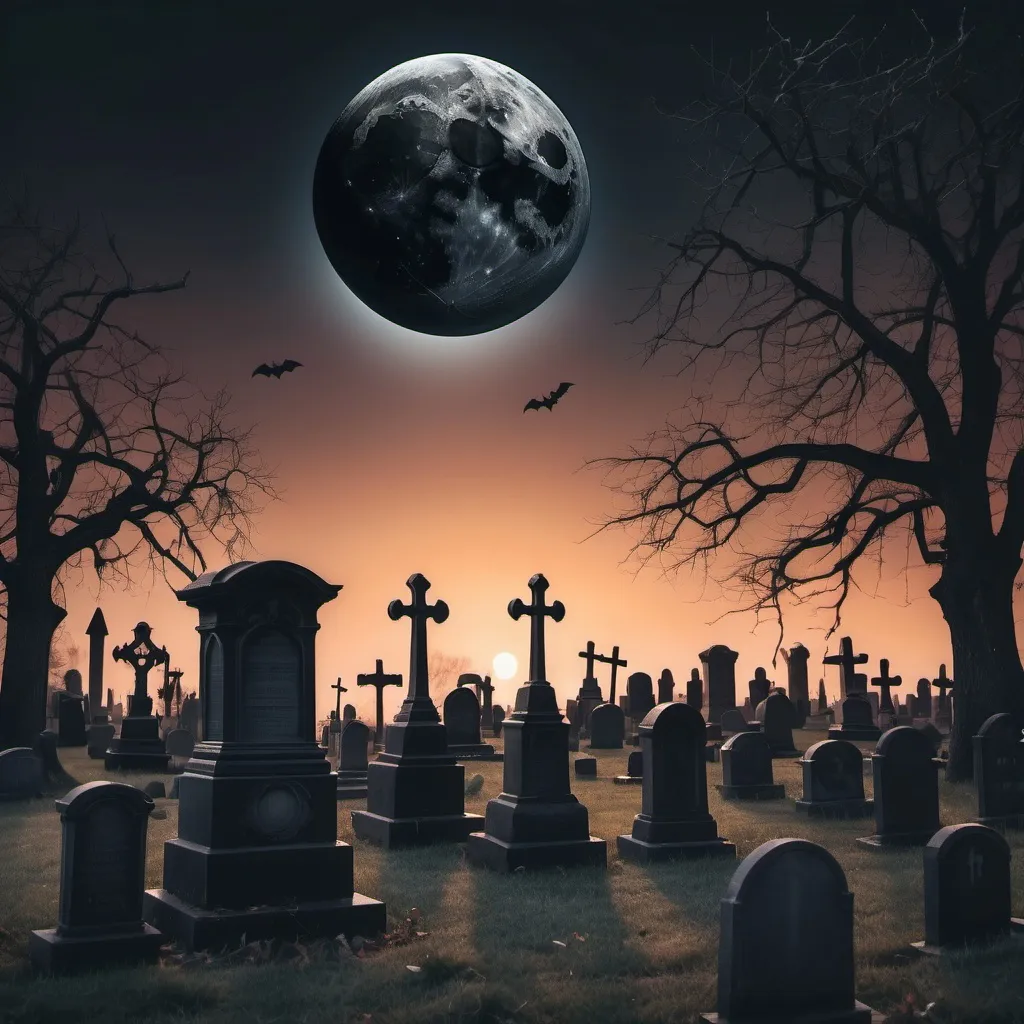 Prompt: a black moon hangs over a spooky old cemetery at sunset
