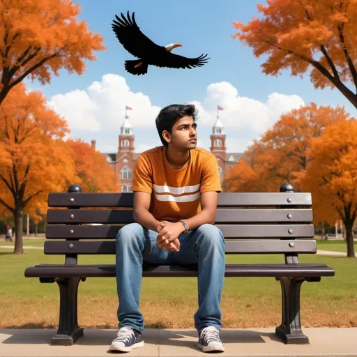 Prompt: A indian college student clipart image, sitting on the America country college university park bench, Aeroplan is flying in the sky, thinking of the future with sad. All other american students are roaming behind him.