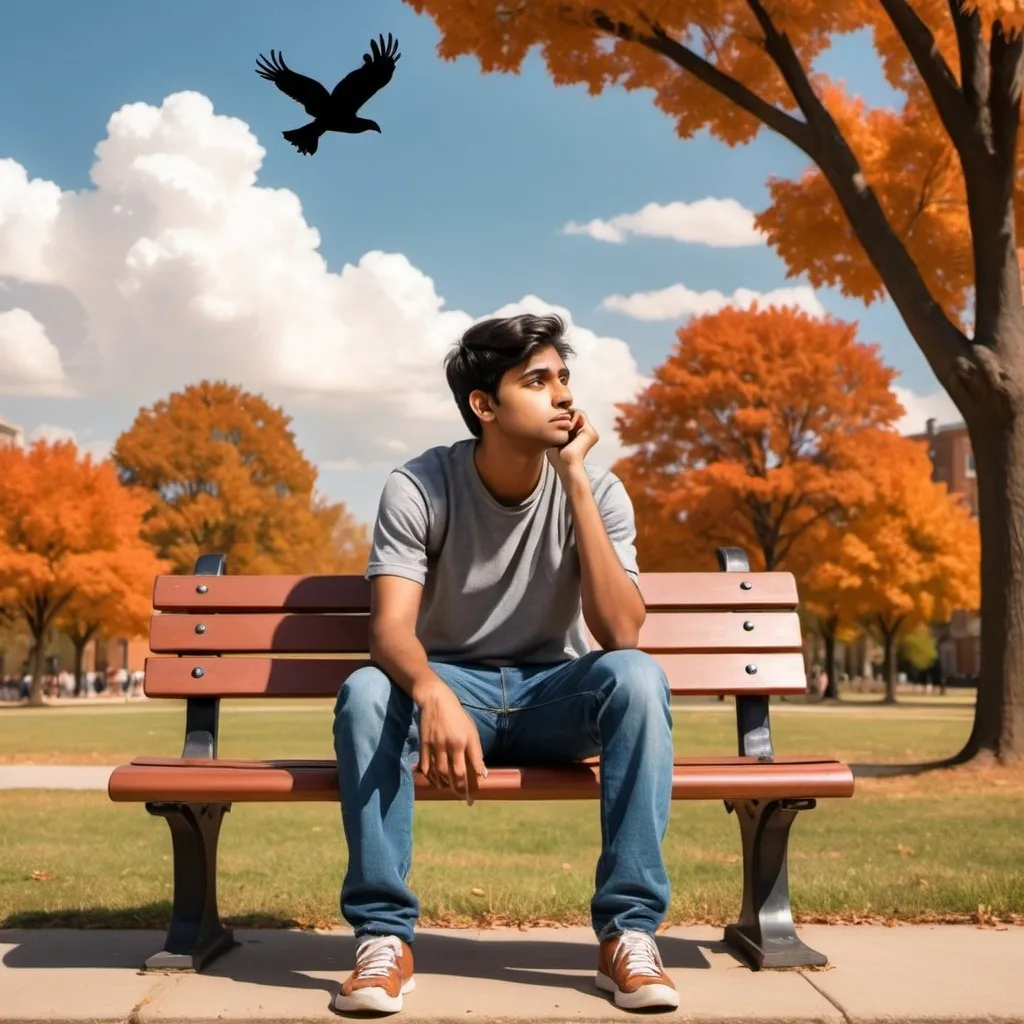 Prompt: A indian college student clipart image, sitting on the America country college university park bench, Aeroplan is flying in the sky, thinking of the future with sad. All other american students are roaming behind him.