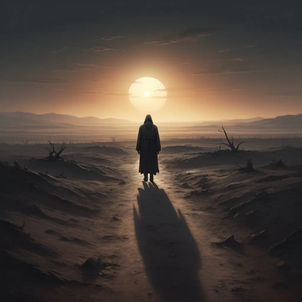 Prompt: Death in the Far Distance, realistic, desolate landscape, solitary figure, haunting silhouette, sun setting over the horizon, dusty atmosphere, muted color palette, high definition, detailed shadows, realistic style, desolation, eerie, intense lighting