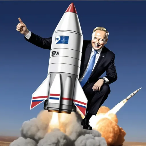 Prompt: netanyahu is sitting on a rocket and smiling, powerfull image like a political campaign