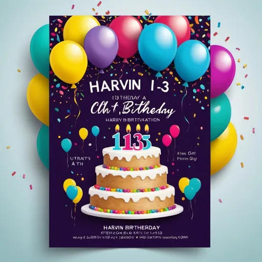 Prompt: (accurately spelled text "Harvin's 13th Birthday Invitation"), vibrant colors, playful design, festive atmosphere, cheerful background of balloons and confetti, time details highlighted (party starts at 4 PM, ends at 9 PM), easy-to-read fonts, celebration theme, dimensions suitable for printing, ultra-detailed, eye-catching layout, illustrations of cake and gifts, inviting ambiance perfect for a joyful occasion.