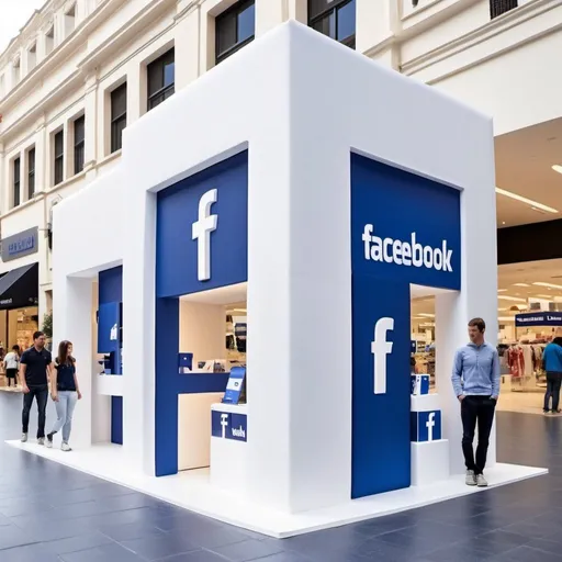 Prompt: make me a facebook stand outdoors, in a shopping center, to be white with blue details so that people can enter