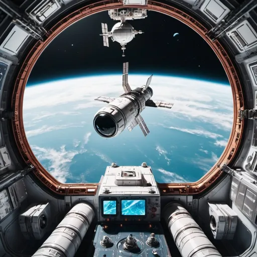 Prompt: A space mission with a space ship docking on a space station. First person view from the spaceship. Science fiction feeling but dreamy imaging.