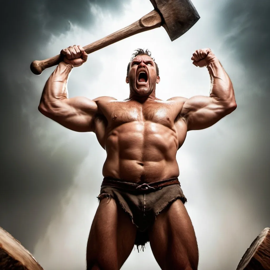 Prompt: Giant man wielding an enormous axe above his head ready to strike. Bare chested, huge muscles, angry face, fantasy feeling.