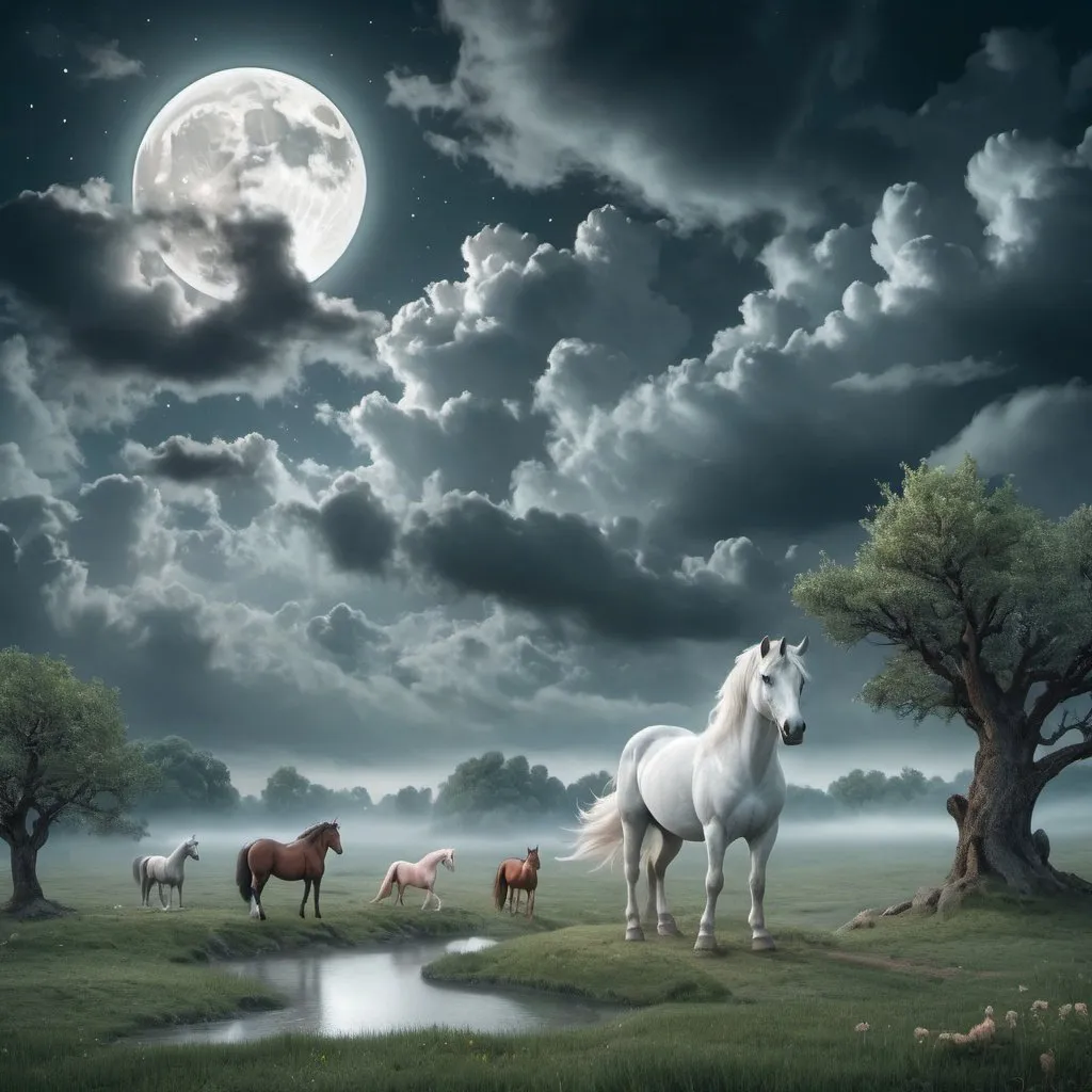 Prompt: The moon partially behind the clouds over a dreamy landscape. On the land there are mythical creatures like unicorns, dragons and winged horses