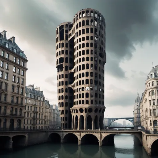 Prompt: A tall  building which is weirdly hollowed in the middle, like from a bombing. The building is seen from the side. In the middle there are bridges going from one side but not reaching the other side. Dreamy surrealistic image.