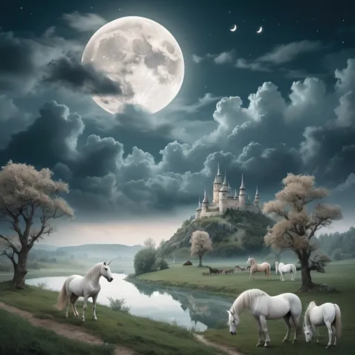 Prompt: The moon partially behind the clouds over a dreamy landscape. On the land there are mythical creatures like unicorns, dragons and winged horses