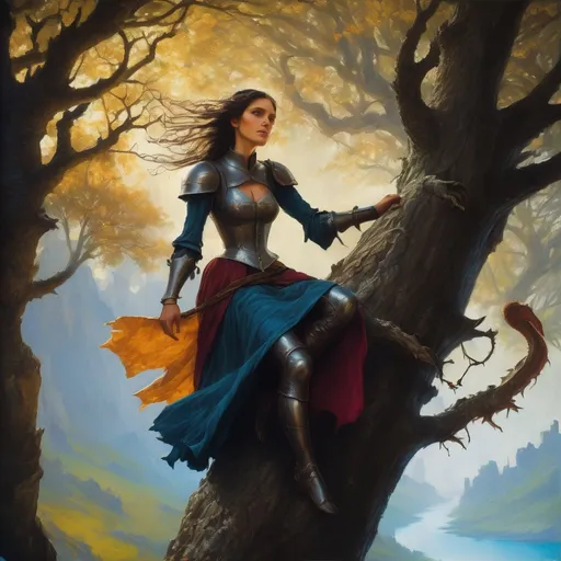 Prompt: Damsel bound to a tree, distressed, threatened by dragon, Vicente Segrelles style, fantasy, detailed characters, dynamic composition, vibrant colors, highres, oil painting, medieval fantasy, intense emotions, dramatic lighting