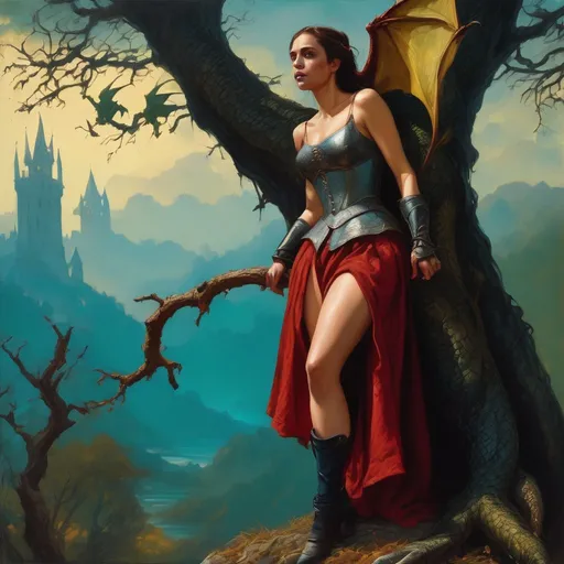 Prompt: Damsel bound to a tree, distressed, threatened by dragon, Vicente Segrelles style, fantasy, detailed characters, dynamic composition, vibrant colors, highres, oil painting, medieval fantasy, intense emotions, dramatic lighting