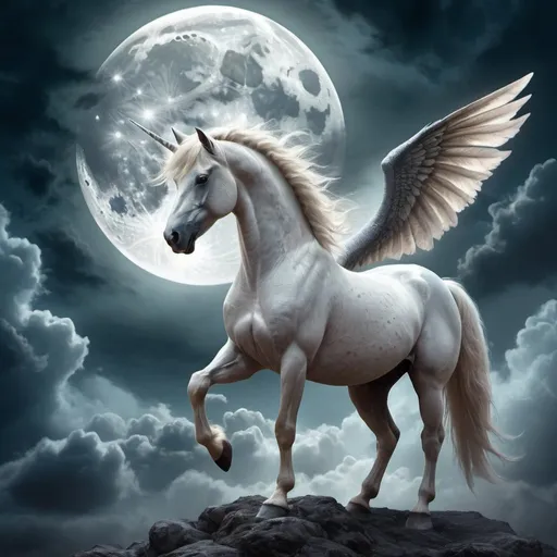 Prompt: Moon partially behind clouds, dreamy landscape, mythical creatures (unicorns, dragons, winged horses), high quality, fantasy, ethereal color tones, majestic lighting, magical atmosphere, detailed fur and scales, mystical, fantasy landscape, moonlit, surreal, moon behind clouds, unicorn, dragon, winged horse, dreamy, highres, detailed, fantasy art, ethereal, majestic, magical, moonlight, atmospheric lighting
