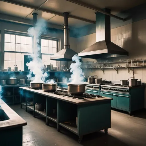Prompt: high school chemistry class or chemistry lab which looks more like a kitchen. there is a big pot heating on a range and it is smoking all around  it. Dreamy, surrealistic image 