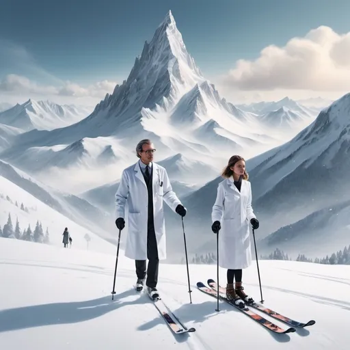 Prompt: A doctor in labcoat and a girl both on skis on a mountain, lots of snow on the ground and it is snowing. Tall mountains are seen in the background. Dreamy surrealist images.