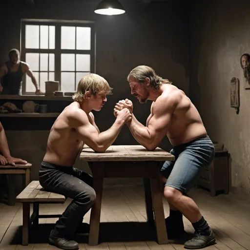 Prompt: The scene takes place in a small, crowded studio apartment without windows, more like a cellar. There is  an arm wrestling match between  a man and a kid. The man is laying on platform while the kid is  standing beside the platform, with the hand locked with the man in arm wrestling position. The wrestler lying on the platform is a man, the wrestler standing is a KID. Dreamy surrealistic image.