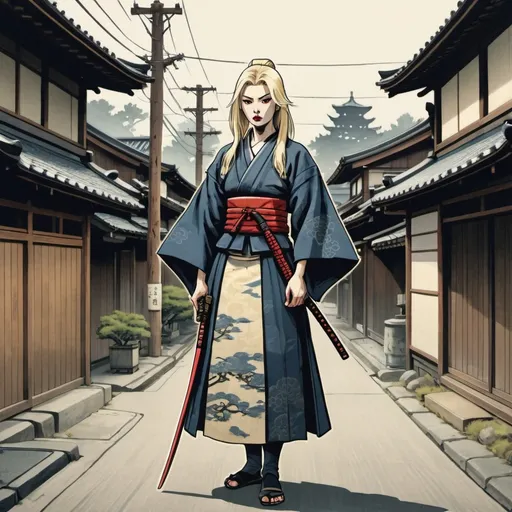 Prompt: a tall thin blonde female samurai vampire standing on a desserted street in the style of traditional japanese ukiyo- wood block prints