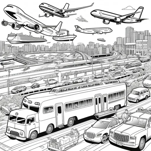 Prompt: B&W coloring book page with lots of different types of transport

