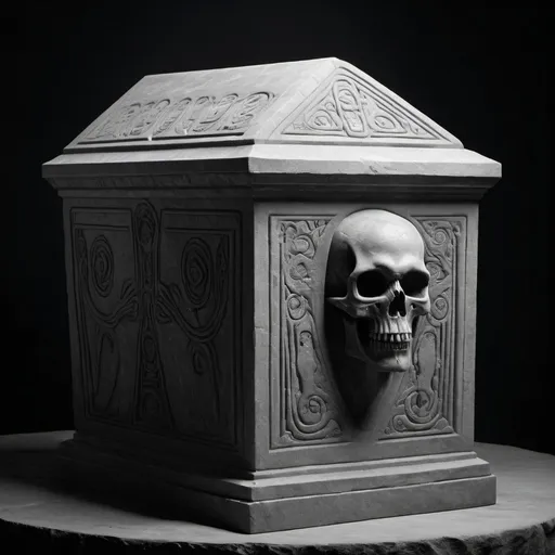 Prompt: gray sarcophagus with the outline of a mysterious entity monster