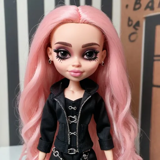 Prompt: A Bratz doll with no eye makeup and long faded pink slightly curly hair and dressed in all black goth clothing without skulls and no jewellery