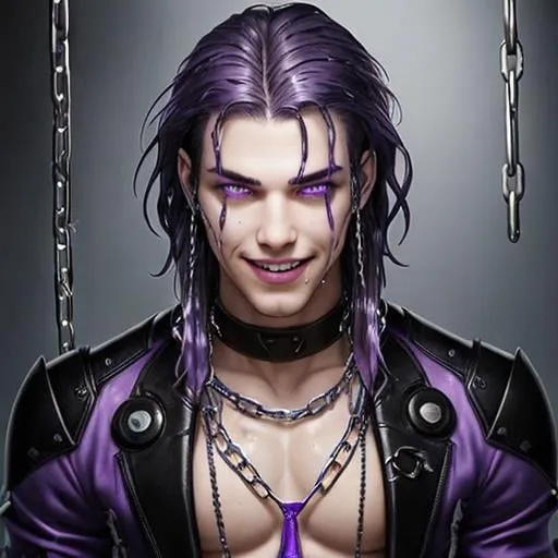 Prompt: male, wet purple hair, android, chains, evil smile