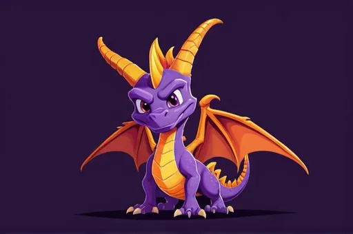 Prompt: (flat illustration of Spyro),  cartoonish style, playful and whimsical, outlined features, dynamic pose, friendly expression, detailed scales, bright fire in the background, fantasy theme, high contrast colors, suitable for a children's game or animation, 2D graphics, HD quality, imaginative atmosphere, captivating and engaging design.