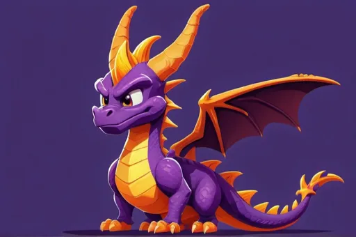 Prompt: (flat illustration of Spyro),  cartoonish style, playful and whimsical, outlined features, dynamic pose, friendly expression, detailed scales, bright fire in the background, fantasy theme, high contrast colors, suitable for a children's game or animation, 2D graphics, HD quality, imaginative atmosphere, captivating and engaging design.