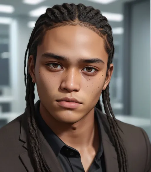 Prompt: Realistic illustration of a 25-year-old Amerindian man, light brown skintone, impassive expression, small eyes, 桃花眼, black eye color, chubby cheeks, wide button nose, black bohemian dreadlocks hair, detailed eyes, detailed lips, detailed hair, overweight, black suit, straight sparse eyebrows, in an office with open cubicles setting, high-res, intense gaze, detailed, atmospheric lighting, close-up, serene, realistic, highres, sharp focus, handsome 