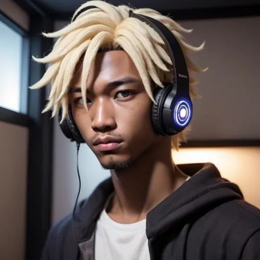 Prompt: 25-year-old African-Korean man, wearing light-up gaming headset with attached microphone, deadpan expression, 桃花眼, black iris, epicanthic fold, sienna lips, chubby cheeks, wide bridge button nose, brunet and blond mini twists hair, detailed eyes, lips, hair, grunge top, straight soft eyebrows, soft features, nose ring, at home with anime figurines on shelf, dusk, high-res, intense gaze, detailed, atmospheric lighting, close-up, realistic