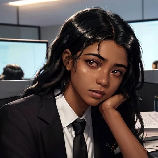 Prompt: Realistic illustration of a 25-year-old Moroccan-Eritrean man, dark brown skintone, impassive expression, small eyes, 桃花眼, black eye color, chubby cheeks, wide button nose, black dreadlocs, detailed eyes, detailed lips, detailed hair, overweight, black suit and tie, straight sparse eyebrows, in an office with open cubicles setting, high-res, intense gaze, detailed, atmospheric lighting, close-up, serene, realistic, highres, sharp focus, handsome 