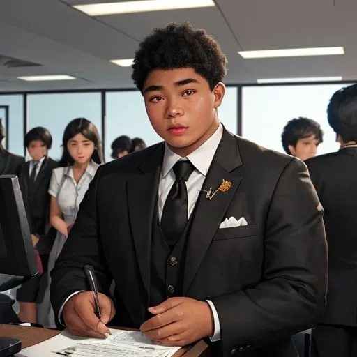 Prompt: Realistic illustration of a 25-year-old Fijian man, light brown skintone, impassive expression, small eyes, 桃花眼, black eye color, chubby cheeks, wide button nose, black micro locs, detailed eyes, detailed lips, detailed hair, overweight, black suit and tie, straight sparse eyebrows, in an office with open cubicles setting, high-res, intense gaze, detailed, atmospheric lighting, close-up, serene, realistic, highres, sharp focus, handsome 