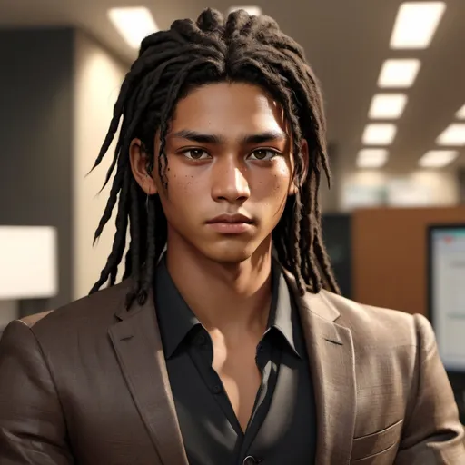 Prompt: Realistic illustration of a 25-year-old Amerindian man, light brown skintone, impassive expression, small eyes, 桃花眼, black eye color, chubby cheeks, wide button nose, black bohemian dreadlocks hair, detailed eyes, detailed lips, detailed hair, overweight, black suit, straight sparse eyebrows, in an office with open cubicles setting, high-res, intense gaze, detailed, atmospheric lighting, close-up, serene, realistic, highres, sharp focus, handsome 