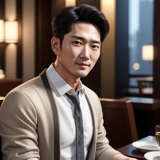 Prompt: Realistic illustration of a 35-year-old Korean man, detailed eyes, detailed hair, large stature, elegant comportment, thick eyebrows, upscale restaurant background, smirking expression, loose-fitting casual classy clothes, high quality, hires, detailed, realistic, detailed eyes, detailed hair, elegant, atmospheric lighting