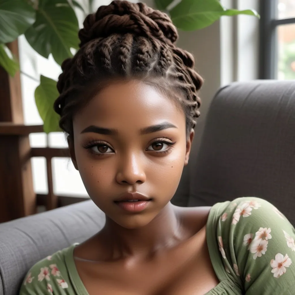 Prompt: 24-year-old Khoi-African woman, muted chocolate brown skin, epicanthic eyelid fold, calm expression, Dennie-Morgan lines, dark brown eyes, full sienna lips, chubby cheeks, oblong-shaped face, low wide nose bridge, upturned nose, no makeup, black hair, long mini twists with coily tendrils, detailed eyes, detailed lips, detailed hair, curvy overweight physique, green fairycore floral sundress, natural delicate eyebrows, living room, lounging on grey couch chaise, high-res, intense gaze, detailed, atmospheric lighting, realistic illustration