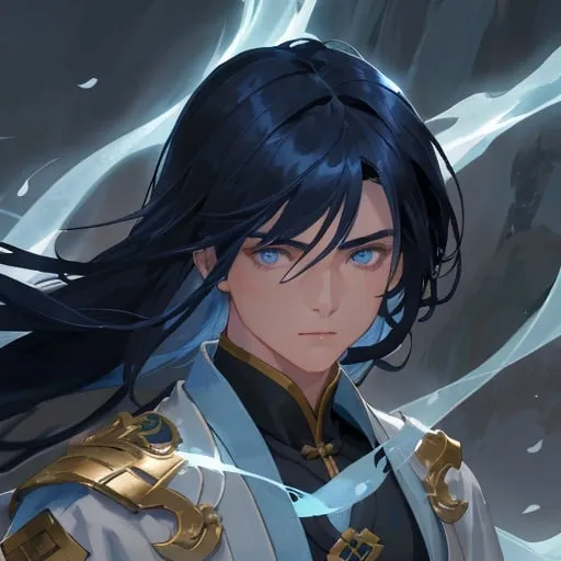 Prompt: A xianxia immortal cultivator, beautiful man in mid-20s, muscular build, long black hair half up with middle-parted bangs on either side of face, Light blue eyes, wearing simple light blue robes, STARember style, detailed eyes, atmospheric lighting