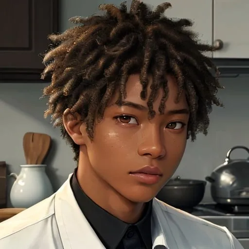 Prompt: Realistic illustration of a 25-year-old Bahamian man, light brown skintone, impassive expression, small eyes, 桃花眼, black eye color, chubby cheeks, wide button nose, black micro locs, detailed eyes, detailed lips, detailed hair, mandarin collar white shirt, straight sparse eyebrows, in an apartment kitchen with white cabinets setting, high-res, intense gaze, detailed, atmospheric lighting, close-up, serene, realistic, highres, sharp focus, handsome 