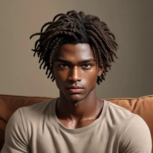 Prompt: 24-year-old man, muted chocolate brown skin, epicanthic eyelid fold, calm expression, Dennie-Morgan lines, dark brown eyes, full sienna lips, chubby cheeks, oval-shaped face, low wide nose bridge, black hair, long mini twists with coily tendrils, detailed eyes, detailed lips, detailed hair, wide neck shirt, natural delicate eyebrows, living room, lounging on grey couch chaise, high-res, intense gaze, detailed, atmospheric lighting, realistic illustration