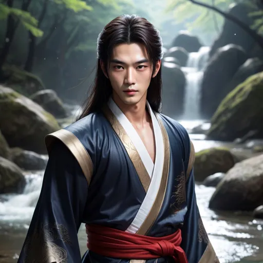 Prompt: Realistic illustration, 27-year-old Korean man, handsome, 睡凤眼, double eyelids, narrow nose, full lips, chiseled features, long flowing hair, detailed eyes, detailed lips, detailed hair, toned physique, hanfu robes, neat full eyebrows, in front of enchanted stream, glowing magic in hand, devilish gaze and smirk, beauty marks, high-res, atmospheric lighting, sharp focus.